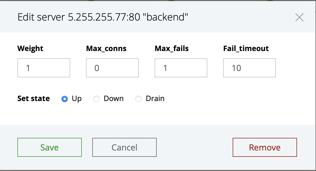 Console Light — editando servidores en la pestaña "HTTP Upstreams"